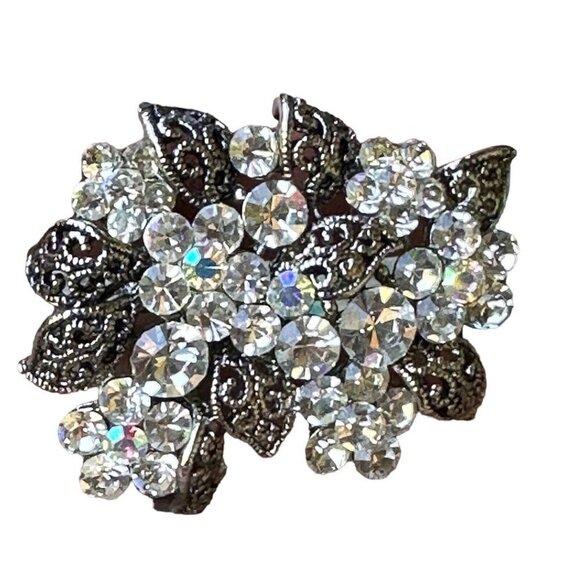 VTG Brooch Pin 1 3/8" AB Rhinestones Blooming Flower Cluster Rhodium Plated MCM - Picture 3 of 5